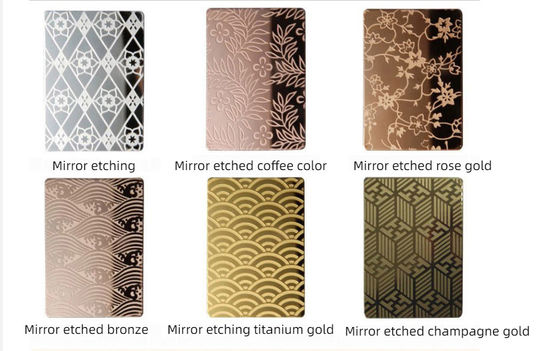 Harga yang bagus Antique 304 Emas Etching Super Mirror Warna Lembar Baja Rostless Untuk Panel Wall Cladding on line